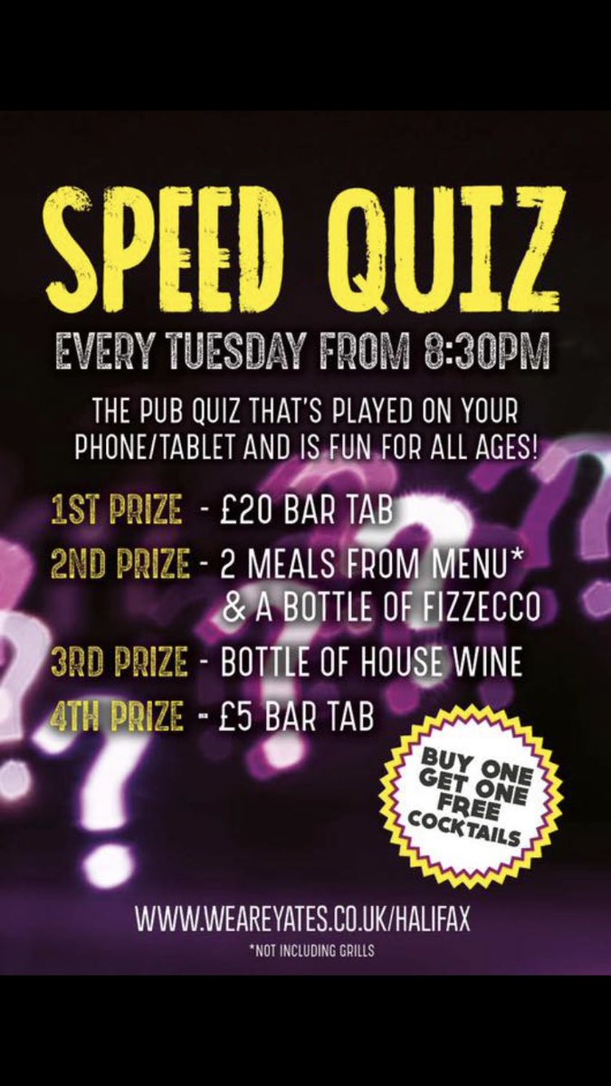 YatesHalifax's tweet photo. Not doing anything tonight problem solved #speedquiz from 8:30pm test your knowledge #selectedginandtonic #just£3.00 bargain https://t.co/tV8BpC5uXu