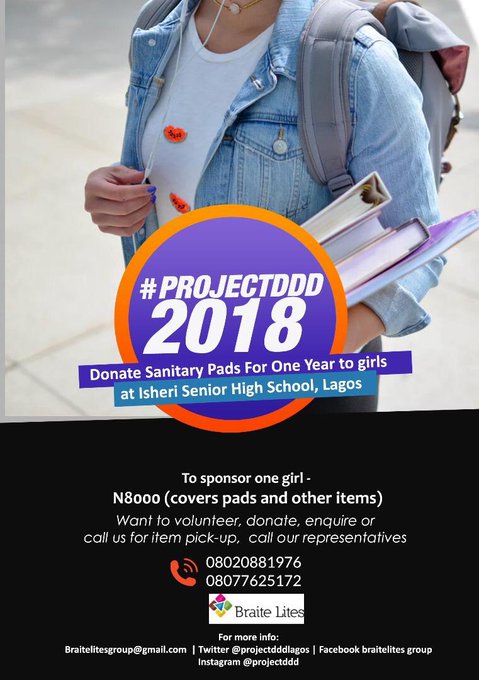 ProjectDDDLagos's tweet photo. It's #ProjectDDD2018
The BIG PLAN is this! #ProjectDDD will Donate a year’s worth of sanitary towels to 50 public school girls who can't afford proper sanitary methods for their monthly cycle .
As always, we are able to help others because YOU support us. 
#sanitarypad #girlchild https://t.co/8gkm3xBXbJ