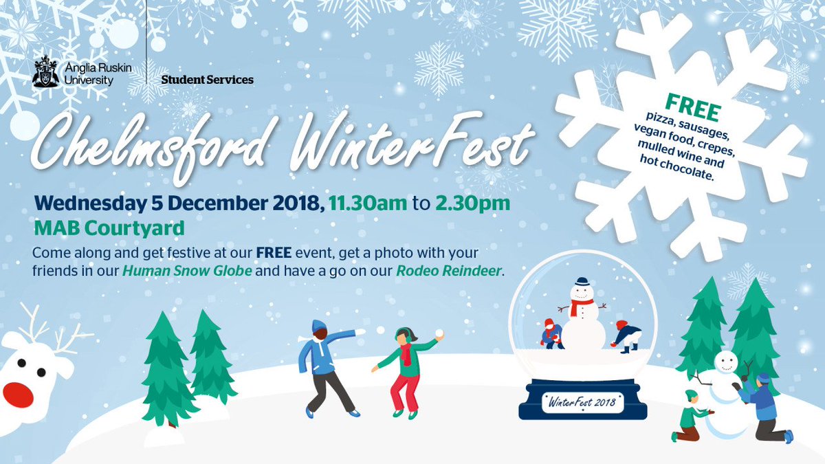 AngliaRuskin's tweet photo. Don't miss out on our free #Winterfest event at the #Chelmsford campus next week!

Head down to the MAB Courtyard at 11:30am on Wednesday 5th December.

❄️☃️ #ARUXmas https://t.co/gWTnP1TlU5