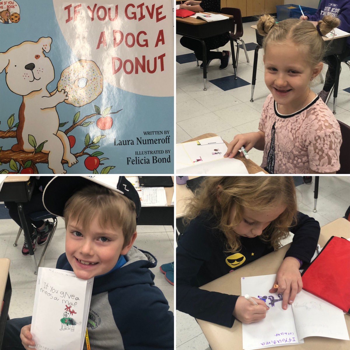 MrsBoehm's tweet photo. So awesome to see the joy of writing in @RonaleeB class yesterday! Students created their own versions of @LauraNumeroff amazing books-an inspiring author for our @St_JohnXXIII kids to emulate! #ifyougiveachildachance #tinyauthors #writeon ๐ https://t.co/3HhcsFaFx8