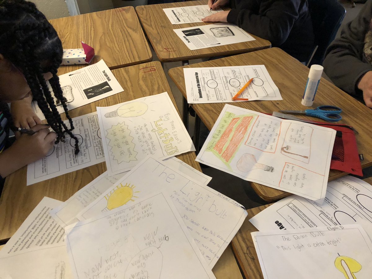 Miss_Sweetser's tweet photo. What better way to learn than from each other?? Students created ad flyers for inventions from the period of industrialization and their peers used these ads to complete a stations activty! 😁😁 #MUSTbesuccesful #DMSgens https://t.co/OjtfdTllJY