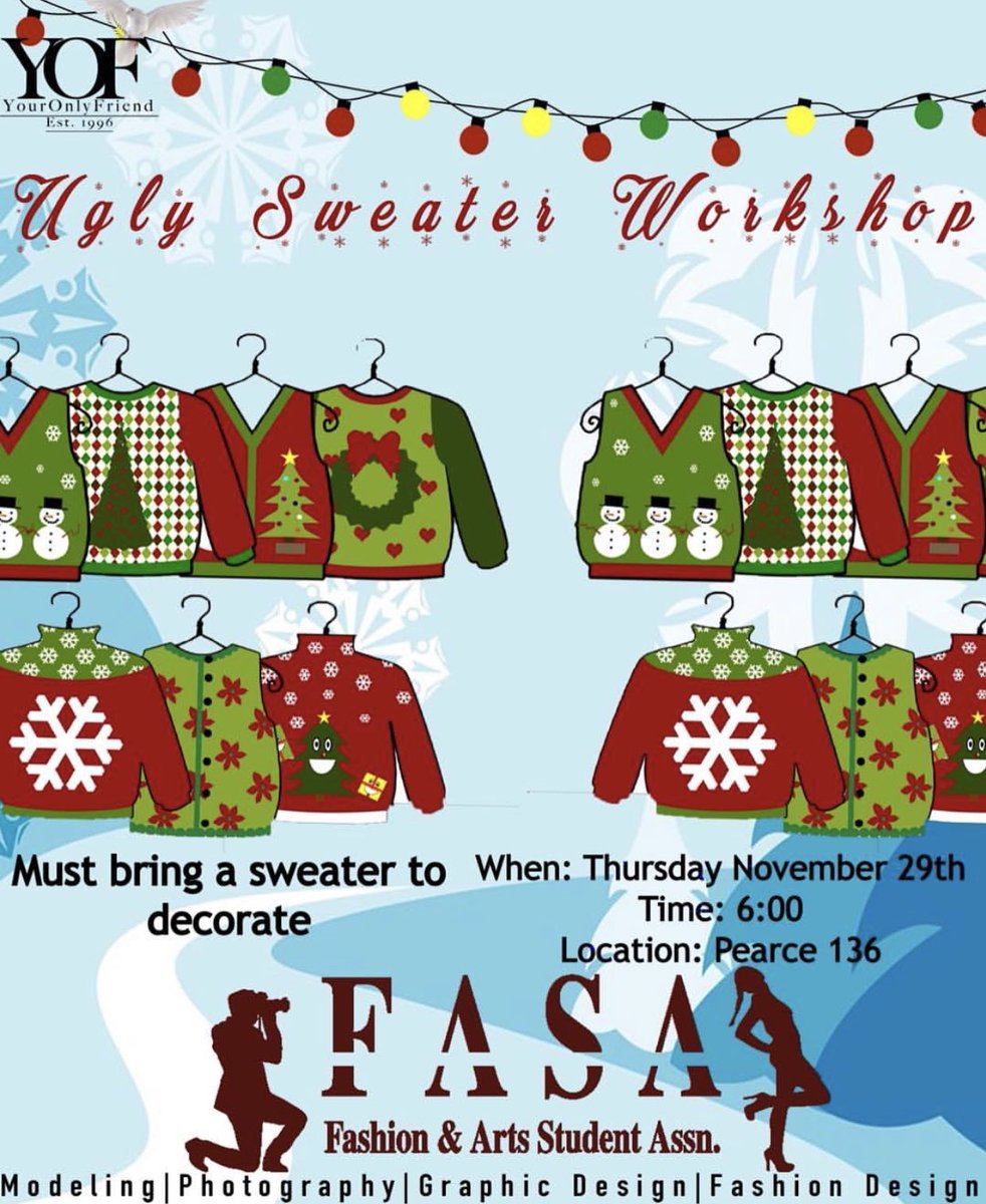 FASACMU's tweet image. ‘Tis’ the season! FASA is in the Christmas spirit how about you? ☃️ it’s getting cold out ❄️ join us November 29th for our Ugly Sweater Workshop! 👕 we will be providing the supplies to decorate but you must provide the sweater!! There will also be insomnia cookies‼️ 🍪