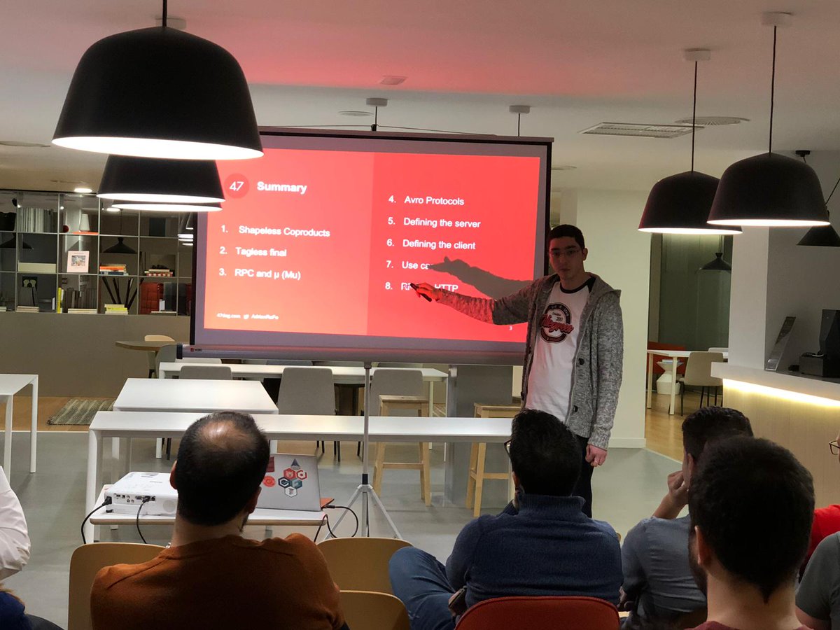 Xebia_Global's tweet image. Kicking @MadridScala off at @spaceworks with @AdrianRaFo presenting on RPC microservices in #Scala using Mu, Shapeless co-products, and Tagless Final! #SpacesAtocha