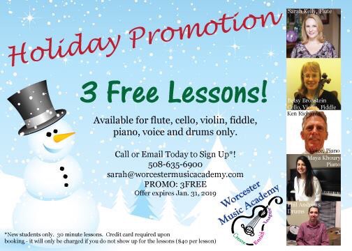 🎉Holiday Promotion🎉
Thinking about #musiclessons but not sure if you’re ready to dive in? This holiday season we’re offering 3 FREE lessons for select instruments! #worcester #worcestermusic