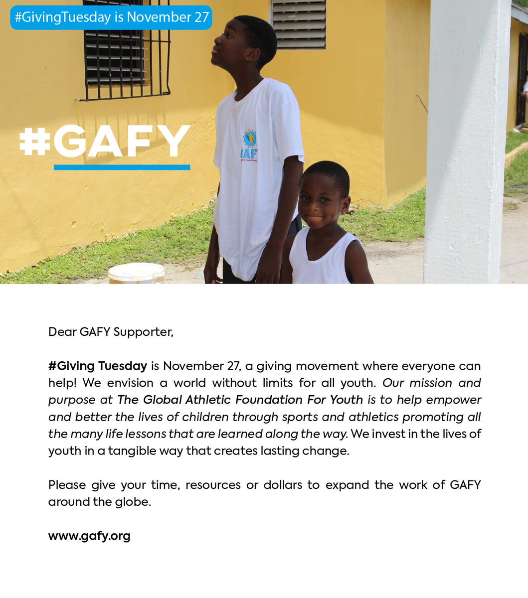 GAFYorg's tweet photo. Today is Giving Tuesday! Please help make a difference and give at https://t.co/n2HQy5TXKE 
#GlobalAthleticFoundationForYouth #GAFY #Givingback #Change #Sports #Athletics #EmpoweringYouth https://t.co/2m5e9FVUlF