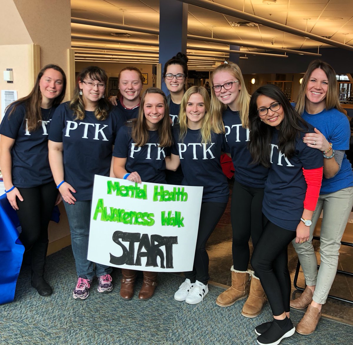 CLCprez's tweet photo. Student leaders make a difference @clcmnedu ! We joined the Psychology Club for a great Mental Health Awareness Walk (indoors) today. PTK will have a Sexual Assault Awareness activity with myth busting t-shirts all week! Join us! #grateful #studentleadersrock https://t.co/Q5EWb7df7e