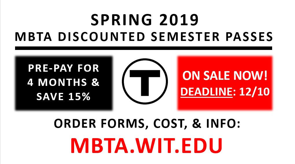 WITcommuters's tweet photo. 2 weeks left to purchase a discounted MBTA Semester Pass. Deadline Monday, December 10th- Learn more at https://t.co/8E3rxIxitT https://t.co/3MUvxXJF0S