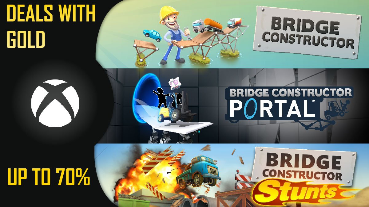 HeadupGames's tweet photo. This weeks Deals with Gold include all our Bridge Constructor games on #XboxOne get BC Portal 33% off and Bridge Constructor as well as BC Stunts for even 70% https://t.co/t5b8JuT6gD 
#BCPortal #BridgeConstructor #BCStunts #indiegames https://t.co/atYLYH1rDv