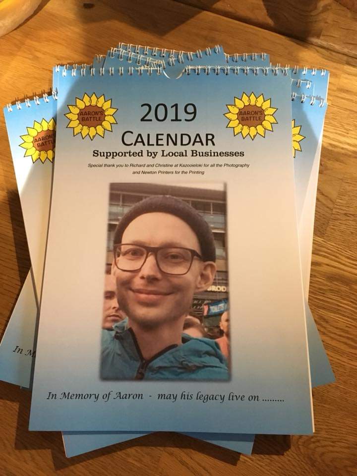 Aaron’s Battle 2019 calendars available £10. All proceeds go to Aaron’s charity and will go on to help others
 🌻🌻🌻
Available from DNS Catering, The Flower Garden, Curtis Hair Studio, Singing Kettle, A&amp;S Furnishings, <a href="/Shape_Changers/">Shape Changers</a>, Lee Stearman at Its Party Time and Xandrias