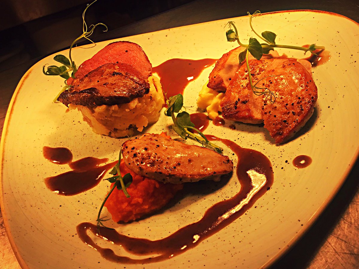 A taste of Northumberland: 
Trio of game birds;
Pheasant with celeriac purée
Partridge with carrot and orange purée
Pigeon on crushed potatoes
Finished with game sauce 
Served until stock last.
#specials #local #Northumberland