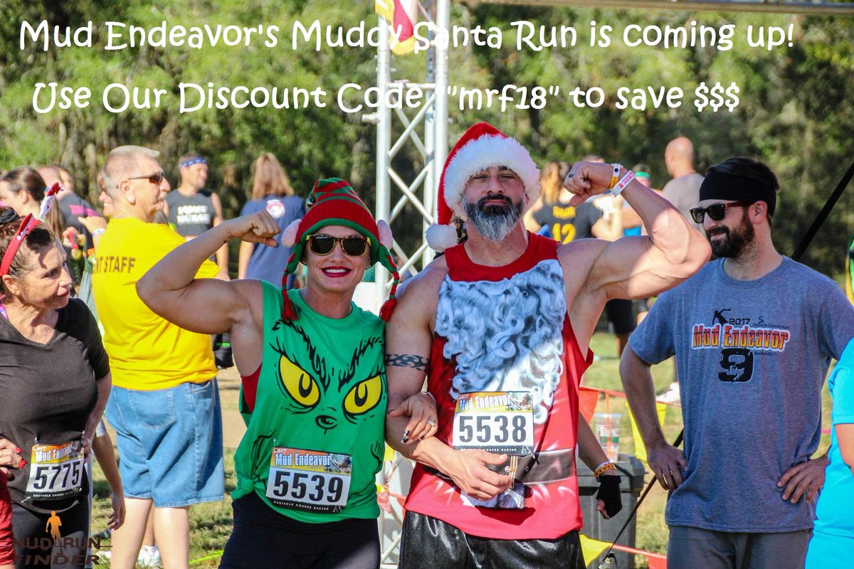 MudRunFinder's tweet photo. Mud Endeavor's Muddy Santa Run - code "mrf18" to save $! 
#MudEndeavor #MuddySantaRun #Santa #Christmas #MudRunFinder #Mudrun #OCR #ObstacleRace #OCRAddict #Fitfam #Fitness #HealthyLiving #Running #Elite #Medal #Beer #discount #gopro #OCRBeast #medaladdict #OCRCommunity #Florida https://t.co/Y5OpTc25mz