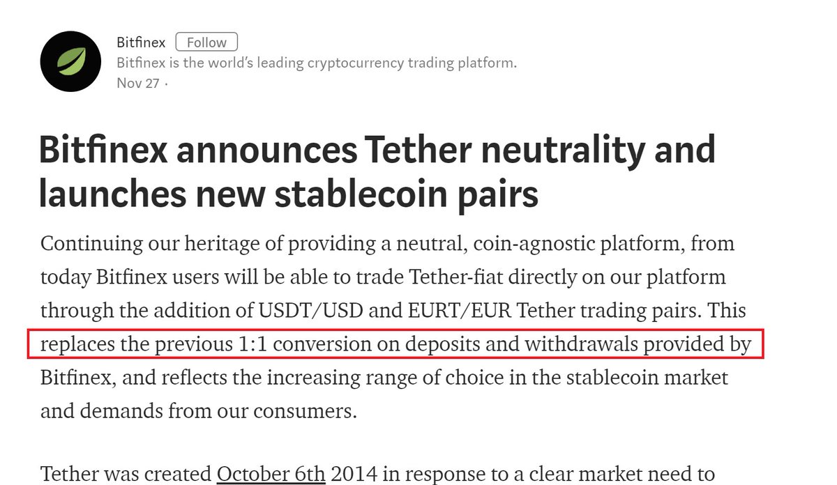 Bitfinexed's tweet image. Bitfinex will no longer treat Tether as 1:1 conversion, the rate will now float just like Kraken.

Oh this is going to be a disaster. 🍿