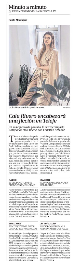 pablomontagna's tweet photo. Esta semana en mi columna de #Medios
Novedades de las próximas ficciones de #Telefe para 2019 - El #GrupoOctubre cerca de #FMPalermo - #LindaPeretz conduce un ciclo de #LaCasaDelTeatro - Los 2000 vuelos de #SuAtencionPorFavor y #VaPorVos en #RadioConVos 89.9 https://t.co/HFDeZuq0kY