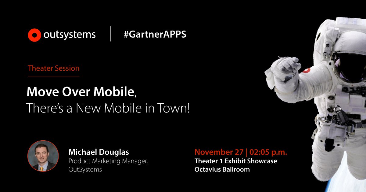 OutSystems's tweet image. Looking to conquer mobile? Come to our lunchtime theater session to learn how. #FutureOfCoding #GartnerAPPS bit.ly/2AaMUYG