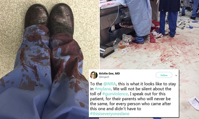TDavisfj's tweet photo. On November 24, 2018 American doctors tweet photos of themselves covered in blood from Gunshot victims this comes after comments made by the NRA to for them to "stay in their lane" #USA #GunViolence @journfund2018 https://t.co/k4Rrlmyzls