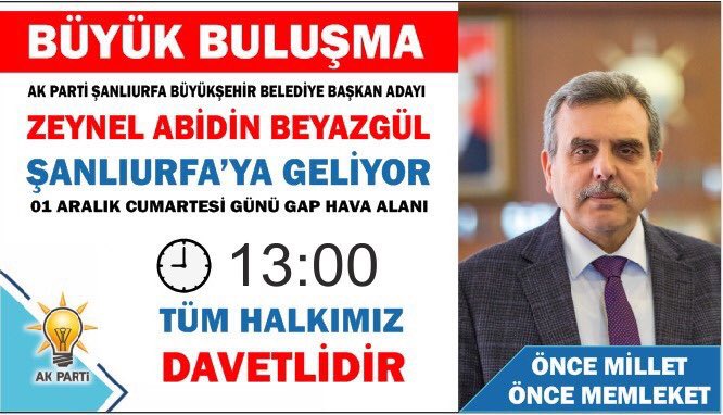 Ak Parti Şanlıurfa Büyükşehir Belediye Başkan Adayımız Sn.@abeyazgul2 Cumartesi günü saat 13:00 te Gap Havaalanda karşılanacaktır.Tüm halkımız davetlidir. <a href="/byildiz63/">Bahattin Yıldız 🇹🇷</a> <a href="/erkankandemir/">Erkan Kandemir</a> <a href="/mehmetozhaseki/">Mehmet Özhaseki</a> <a href="/akpartiurfa/">AK PARTİ ŞANLIURFA</a> <a href="/Akparti/">AK Parti</a> @ak_haliliye <a href="/Karakopruak/">AK PARTİ KARAKÖPRÜ</a> @akpartieyyubiye <a href="/DrSalihFirat/">Dr. Salih FIRAT</a>