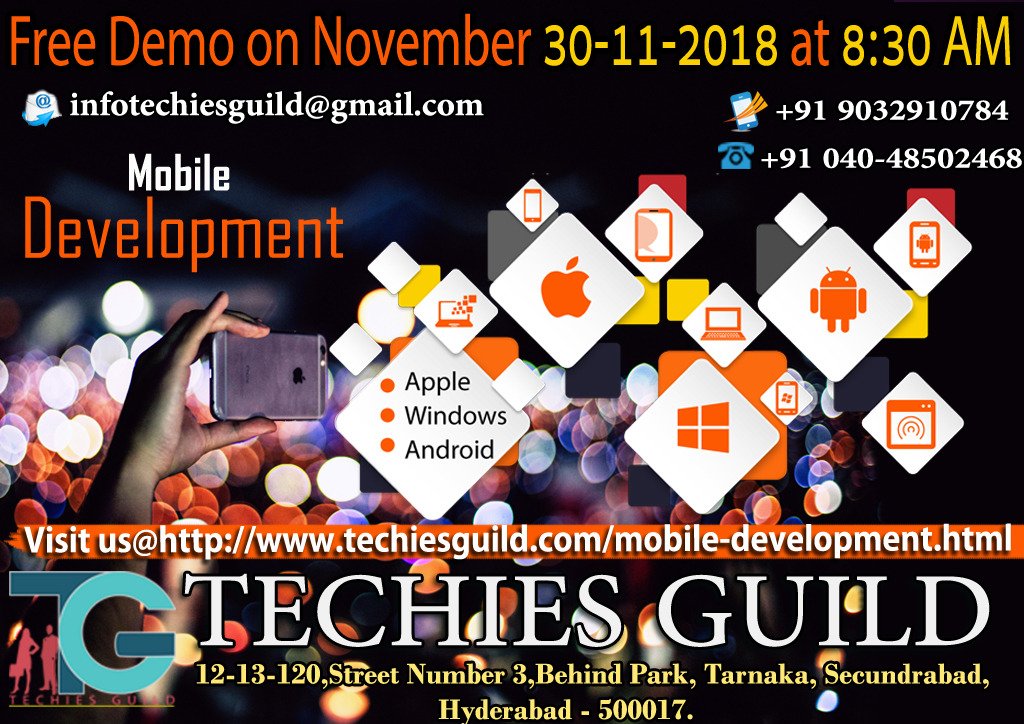 techiesguild1's tweet image. Mobile development Training in Hyderabad Mobile Development, MS-Office,HTML,Javascript, Bootstrap,CSS3, Hadoop, PHP, MySql,Nodejs, AngularJS, MongoDB,Ionic FrameWork, Testing,ISO Programing and more.

Duration : 20 - 25 Sessions

For further details or any queries contact us