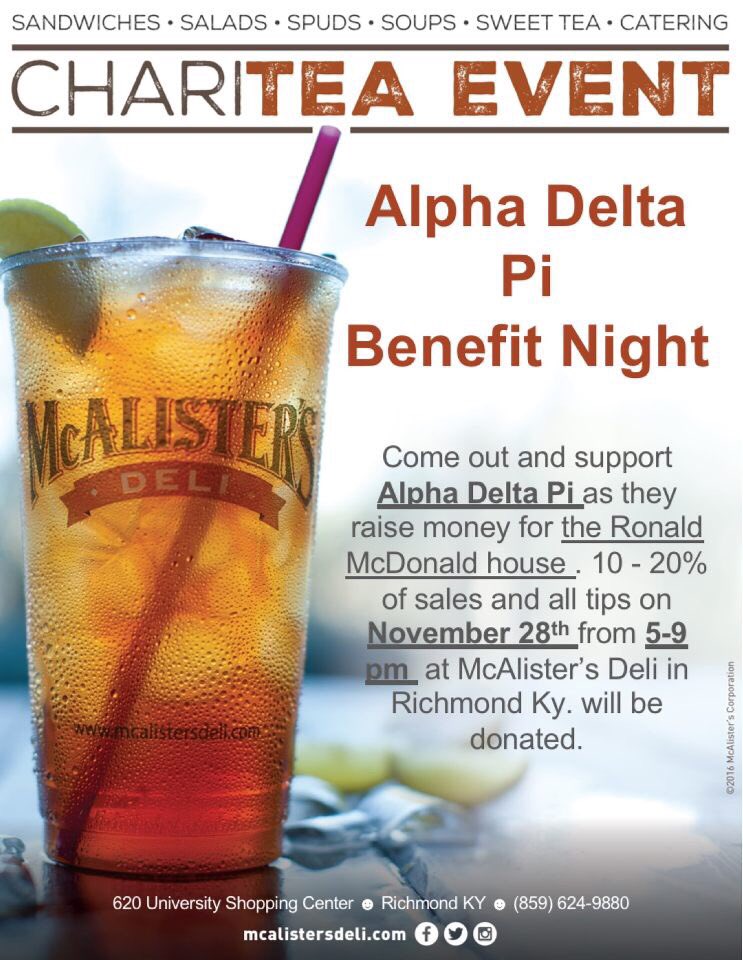 Hey y’all, don’t forget to come support RMHC during our Charitea Event at McAlister’s tomorrow (Wednesday the 28th) from 5-9! Please show the cashier this picture in order for RMH to get a percentage. 💎💎