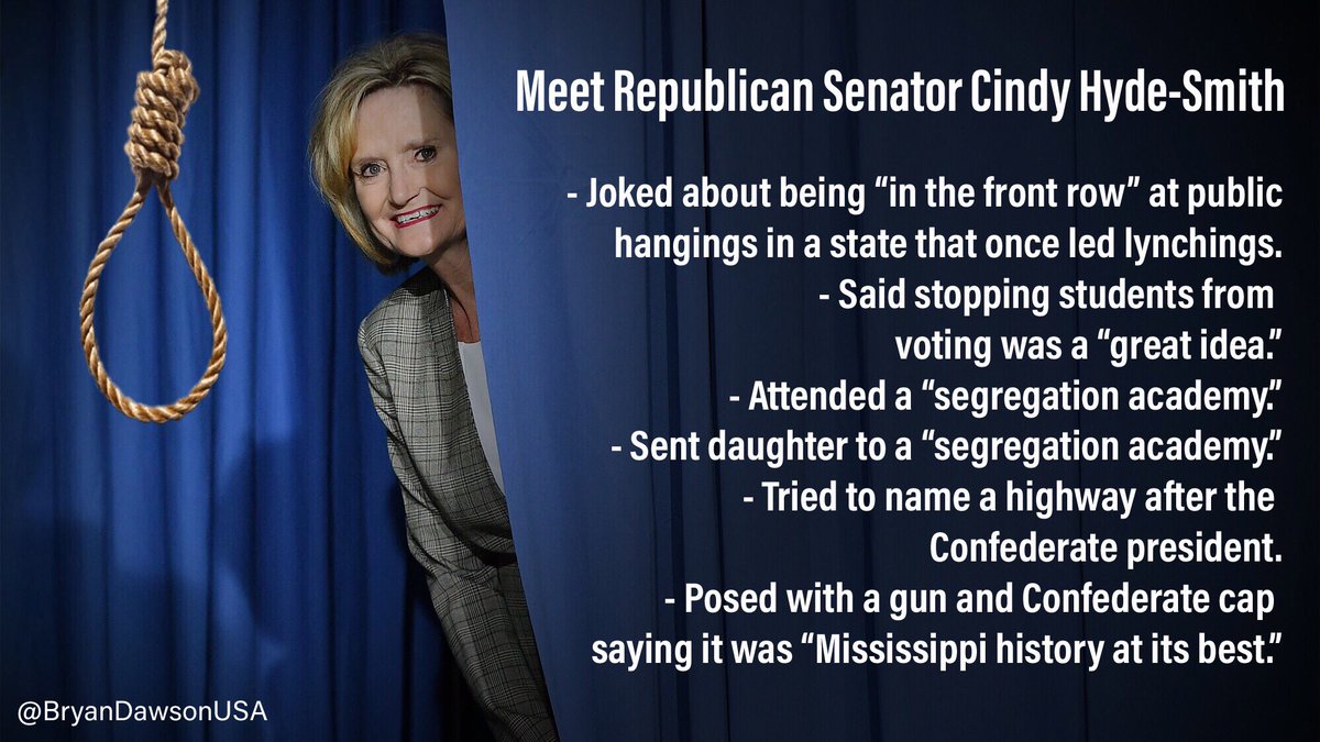 @realDonaldTrump #CindyHydeSmith has been very naughty. Don't think she's up to being a Senator @MSNBC @CNN 
@EdKrassen @JoyceWhiteVance 
#Mississippi #VoteEspy