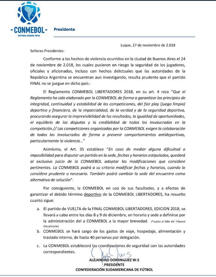 #AHORA #CONMEBOL esto queda sujeto al fallo por denuncia de #Bocajuniors