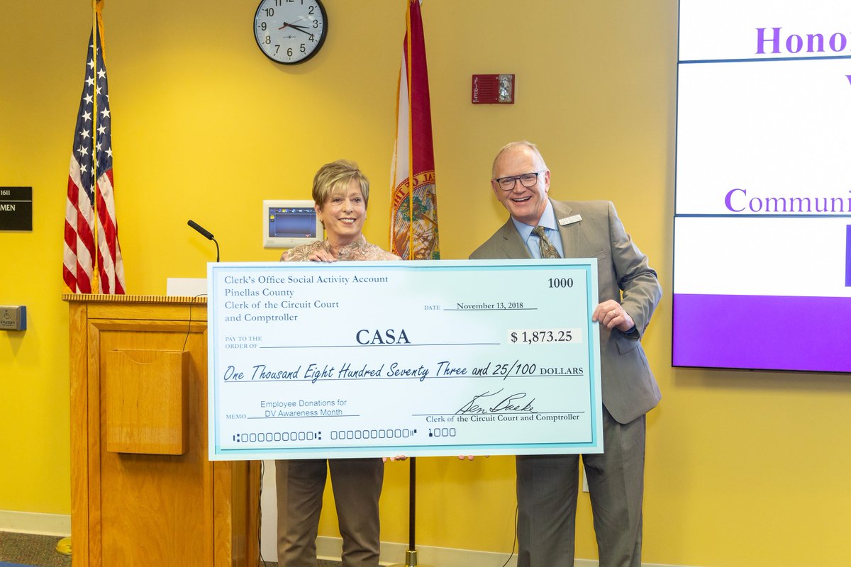 PinellasClerk's tweet photo. Tues after Thanksgiving is known as #GivingTuesday! Leading with their hearts, the Pinellas Clerk family raised $3,746.50 to aid Domestic Violence victims. The amount was split btw @CASAStPete & @TheHavenofRCS & we couldn’t be happier! #UnitedinCompassion #DVAM2018 #ClerksServeFL https://t.co/mVUBZgEJ8J