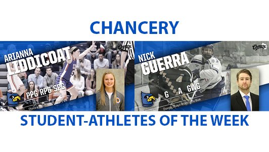 CUWFalcons's tweet photo. Arianna Liddicoat of @CUWWBB  and Nick Guerra of @CUWMHKY are the Chancery Student-Athletes of the Week!  https://t.co/sNCIpPeNV5 https://t.co/FOR05axNLC