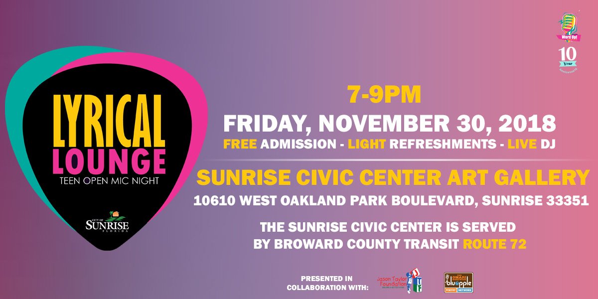 #Share this event with all teens who love arts 🎭 and entertainment 🎥: This Friday's #LyricalLounge open mic night is free to attend! Enjoy performances, poetry, and a live #DJ in collaboration with <a href="/JTFoundation99/">JTFoundation</a> and <a href="/bluapplePoetry/">The Omari Hardwick bluapple Poetry Network</a>. Call (954) 747-4662 for details.