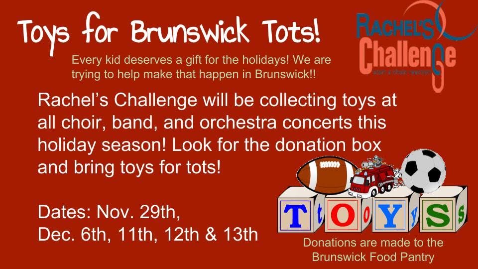 BHSRodMATH's tweet photo. Help Rachel’s Challenge make sure every Brunswick kid gets a gift for the Holidays!!! Donations can be dropped off in rooms 213 or 219 if you can’t make the concerts!! https://t.co/6EsDKhpYH3