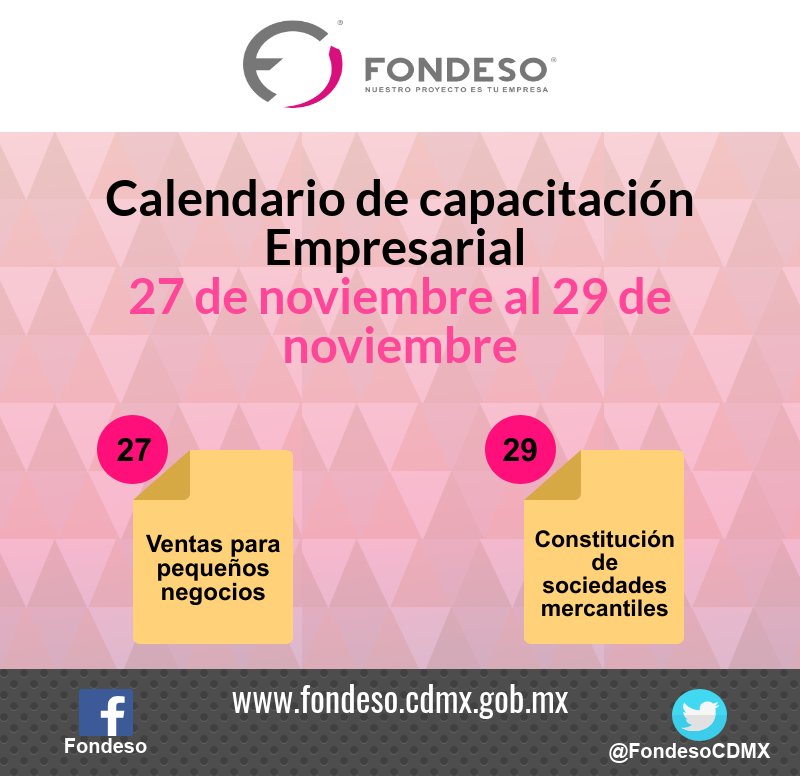 Les recordamos los últimos cursos que tendremos en el mes de noviembre.

Para mayores informes, consulta la siguiente información:

fondeso.cdmx.gob.mx/storage/app/me…