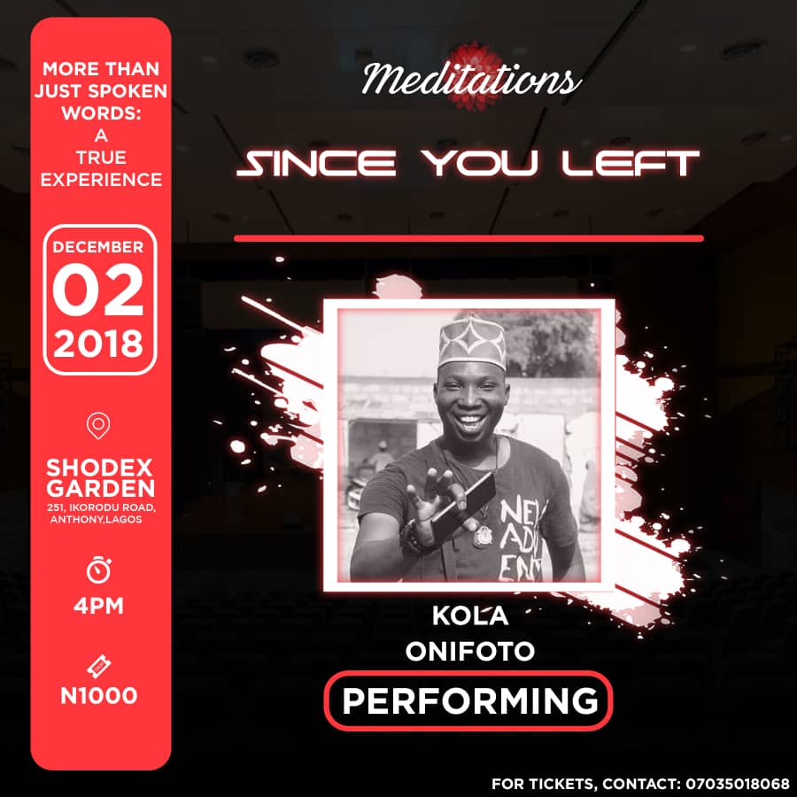 SynCityNG's tweet photo. Meditations: An evening of spoken words promises to be exciting. You haven't seen anything like it before. It would blow your mind with the great acts already lined up to perform.
#Meditation #SinceYouLeft #02December #SyncityNG https://t.co/MoW5m9qBJ3