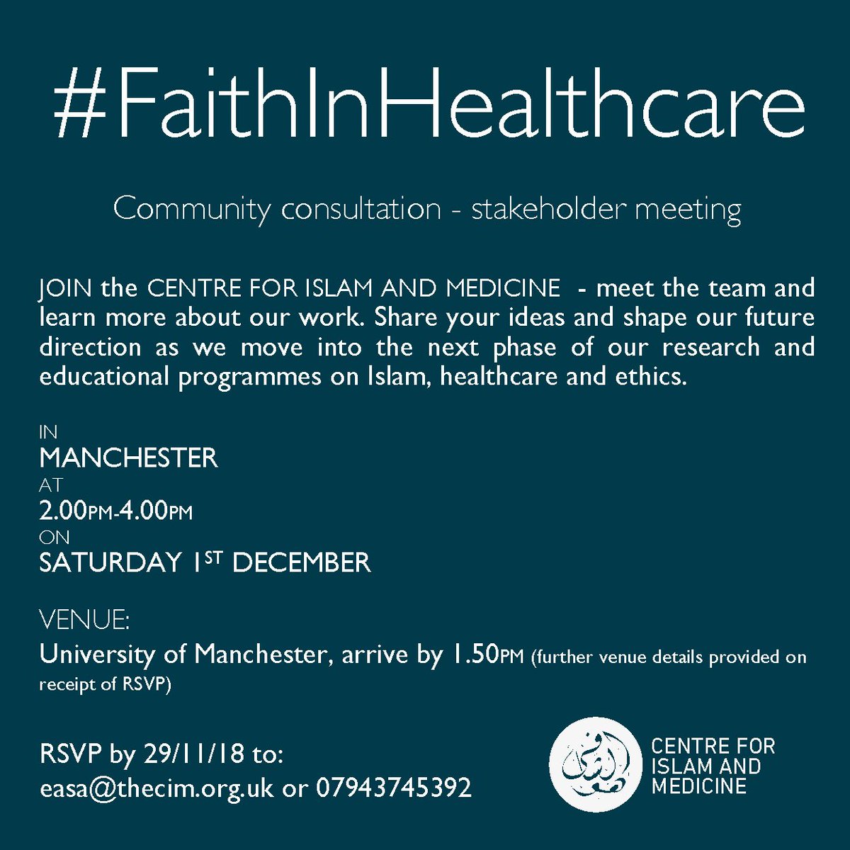 CIM (@thecim_info) on Twitter photo <a href="/theCIM_info/">CIM</a> is coming to #Manchester - come and meet us! Saturday 1st December 2-4pm, Uni. of Manchester #FaithInHealthcare #Community #meeting #consultation #religion #healthcare #ethics #islam #muslims <a href="/ManchesterISOC/">University of Manchester Islamic Society</a> <a href="/ManMetUni/">Manchester Metropolitan Uni</a> <a href="/MYFOnline/">MYF</a> <a href="/BritishMuslimTV/">British Muslim TV</a> @1BMHC <a href="/theCIM_info/">CIM</a> is coming to #Manchester - come and meet us! Saturday 1st December 2-4pm, Uni. of Manchester #FaithInHealthcare #Community #meeting #consultation #religion #healthcare #ethics #islam #muslims <a href="/ManchesterISOC/">University of Manchester Islamic Society</a> <a href="/ManMetUni/">Manchester Metropolitan Uni</a> <a href="/MYFOnline/">MYF</a> <a href="/BritishMuslimTV/">British Muslim TV</a> @1BMHC