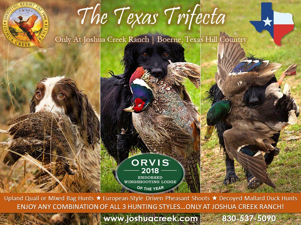 Joshua_Creek_'s tweet photo. Experience the "Texas Trifecta" of wingshooting...only at Joshua Creek Ranch
#texastrifecta #wingshooting #uplandhunt #quailhunting #drivenpheasant #mallardducks #texashillcountry #orvis https://t.co/uXj27veyLg