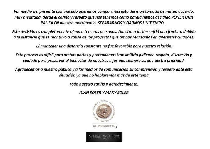 KarolTamiko's tweet photo. @juansolervalls y @makytasoler se separan...Que trieste me siento esta es una de las parejas que mas admiro del espectaculo. #sadseperation #karoltamiko #juansoler #makysoler #divorcio #separacion https://t.co/loMroS3cg0