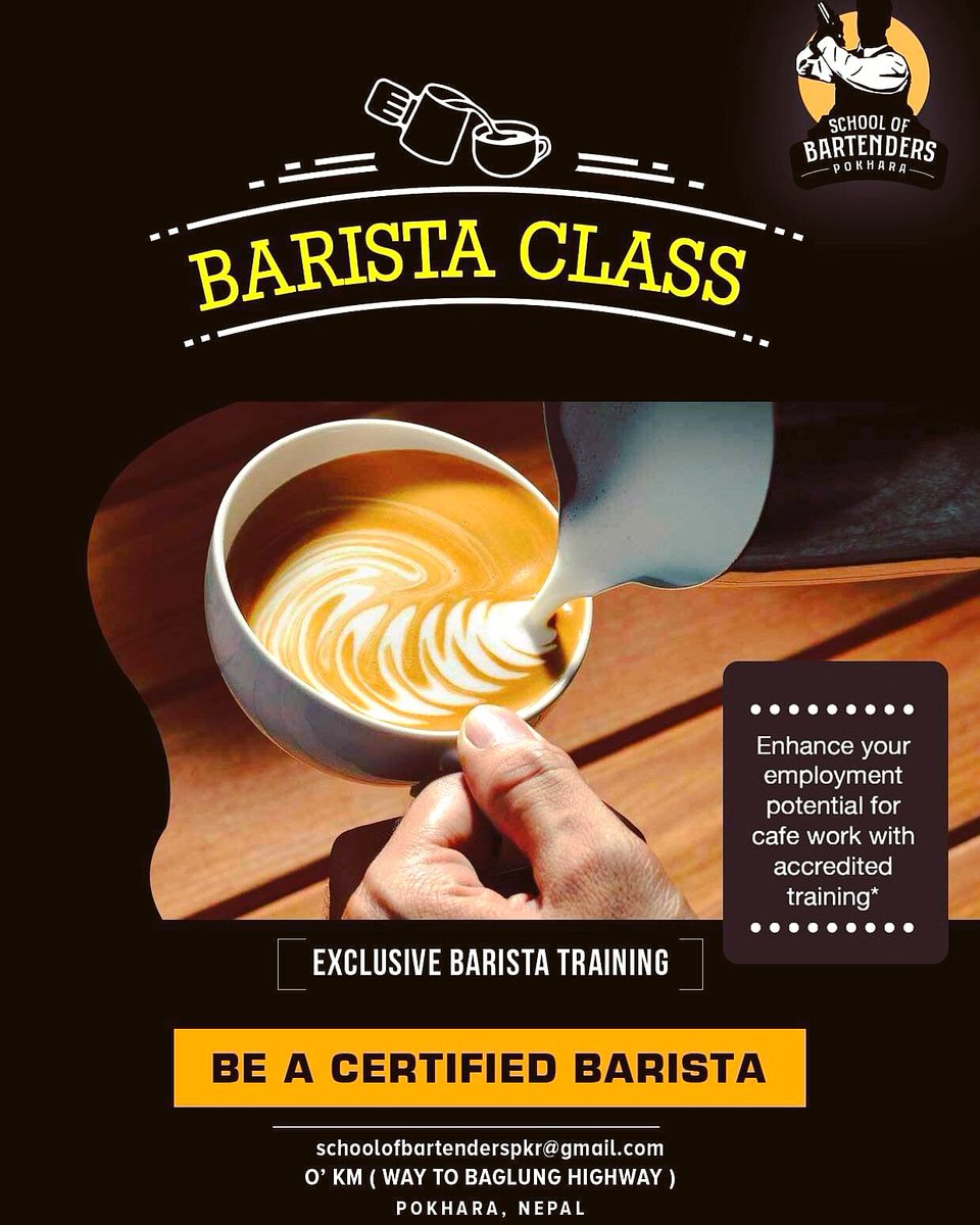 Learn with young professionals in town
Early bird discounts 
#Barista #Coffee #coffeemaker #professionals