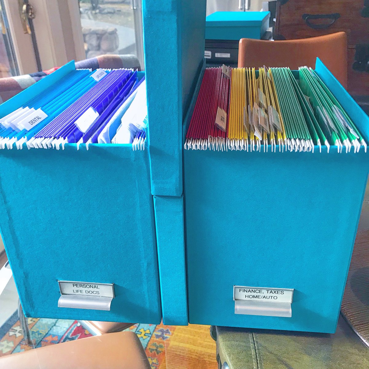LetMeOrganizeIt's tweet photo. I love me a good color coded #paperfilesystem! Iโve paired a #bigsostockholm #desktopfile in #turquoise from @ContainerStore with @staples #colorreinforced #hangingfolders.
#paperworkorganization #paperfiles #colorcoded #rainbow๐ #LetMeOrganizeIt #oktcs #staples #thatwaseasy https://t.co/JSE4qen210