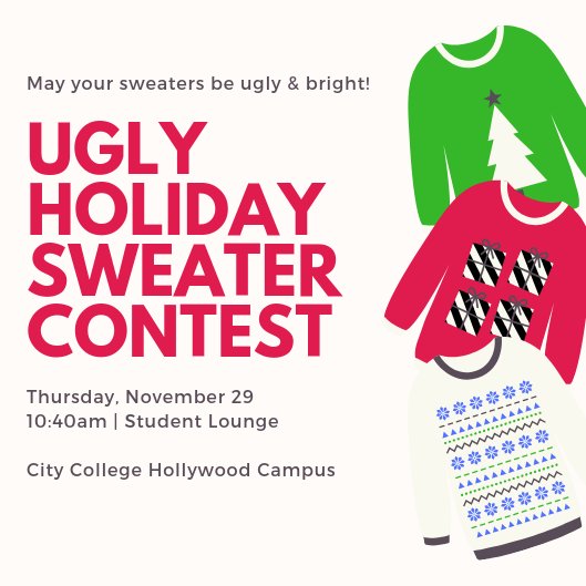 CityCollegeHWD's tweet photo. Who's going to have the ugliest sweater at our contest on Thursday? 🖐️ 🖐️ 🖐️  Dr. K found a VERY ugly sweater during her Thanksgiving travels.  She’s willing to bet that she will win this contest! Who will win?

#mycitycollege #citycollegeHWD #uglysweatercontest https://t.co/rmXl02NvDl