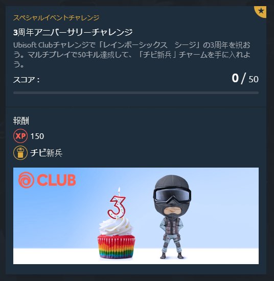 シージちゃんねる 兎月しーちゃん Twitterissa ニュース Rainbow Six Siege発売3周年記念チャレンジ 3周年アニバーサリーチャレンジが始まりました 条件は マルチプレイで50キル 達成するとチビ新兵チャームが貰えます Rainbow Six Siegeの発売日は12月1日です シージちゃんねる 兎月しーちゃん Twitterissa ニュース Rainbow Six Siege発売3周年記念チャレンジ 3周年アニバーサリーチャレンジが始まりました 条件は マルチプレイで50キル 達成するとチビ新兵チャームが貰えます Rainbow Six Siegeの発売日は12月1日です