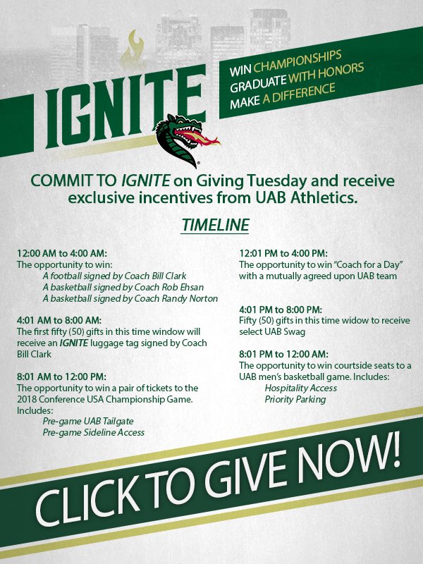 Please help support UAB through Ignite today! UAB is the engine that drives Birmingham’s economy and it takes support from all across our City to allow it continue being an institution we’re all proud of!