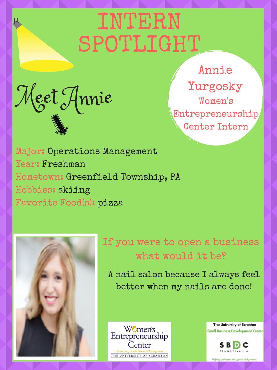 SmallBizIntern's tweet photo. Check out our weekly #InternSpotlight - meet the #Scranton #SBDC Interns! Annie Yurgosky of Greenfield Township, PA. #internship #interns #NEPA #spotlight #SBII #SBDC #smallbusiness #startup https://t.co/5Hew2zaCI0