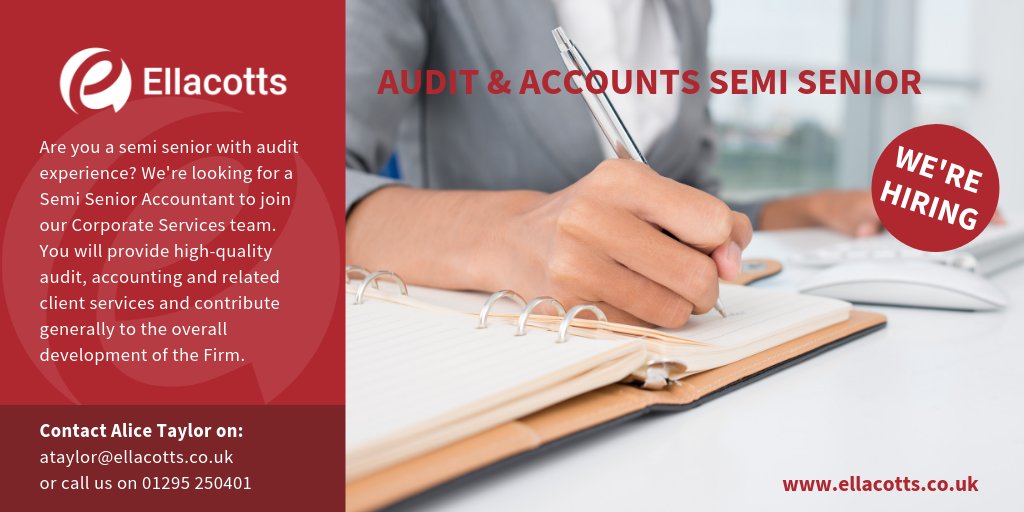 Are you a Semi Senior Accountant with #Audit experience? 💻

We're looking for you! 👋

Join our #Corporate Services team in #Banbury as an Audit and Accounts Semi Senior.

Read the #job description and #apply below.
ellacotts.co.uk/vacancies/audi… 

#hiring #jobs