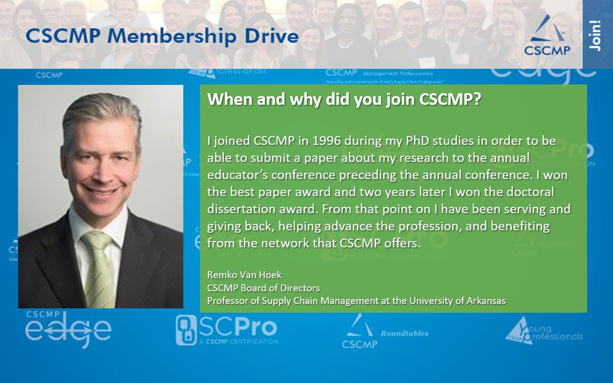cscmp's tweet image. Meet #CSCMPAmbassador Remko Van Hoek became involved with #cscmp and gave back to the #supplychain community

Members like Remko are what help drive the supply chain community forward

Become part of the larger supply chain community today by joining CSCMP bit.ly/2vrDCWT