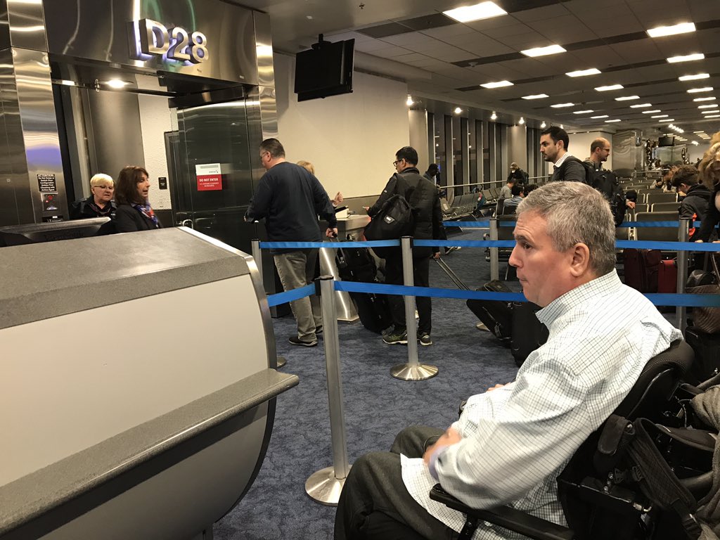 rollthere's tweet photo. Another @AmericanAir #acaa fail this morning. No preboarding as required by law. Was at gate 15 minutes before boarding time but boarding head already started. Told by gate agent I’d board last. Then a non accessible business class seat @USDOT #AA2575 https://t.co/FUgooykkfV