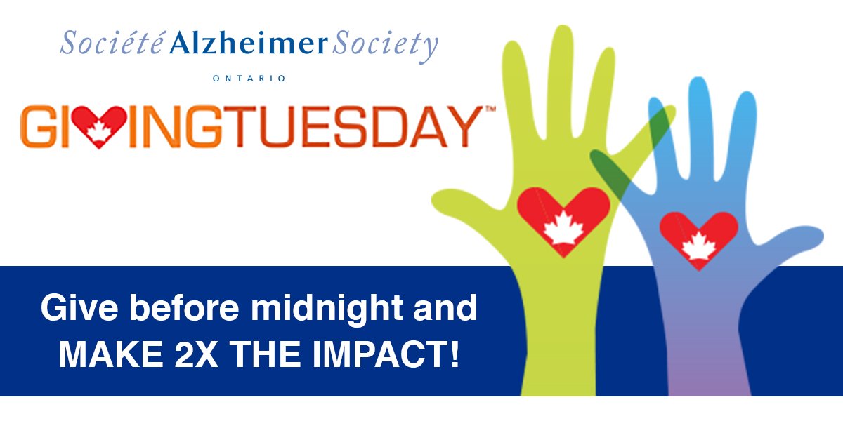 AlzheimerOnt's tweet image. It's #GivingTuesday: In 15 yrs there could be 2x as many people living with dementia in Canada. But we can do something! We’ve set a goal to raise $50,000 in 24 hrs. Thanks to an anonymous donor, your gift today will be matched! MAKE 2X THE IMPACT! Donate! bit.ly/2FRoxFw