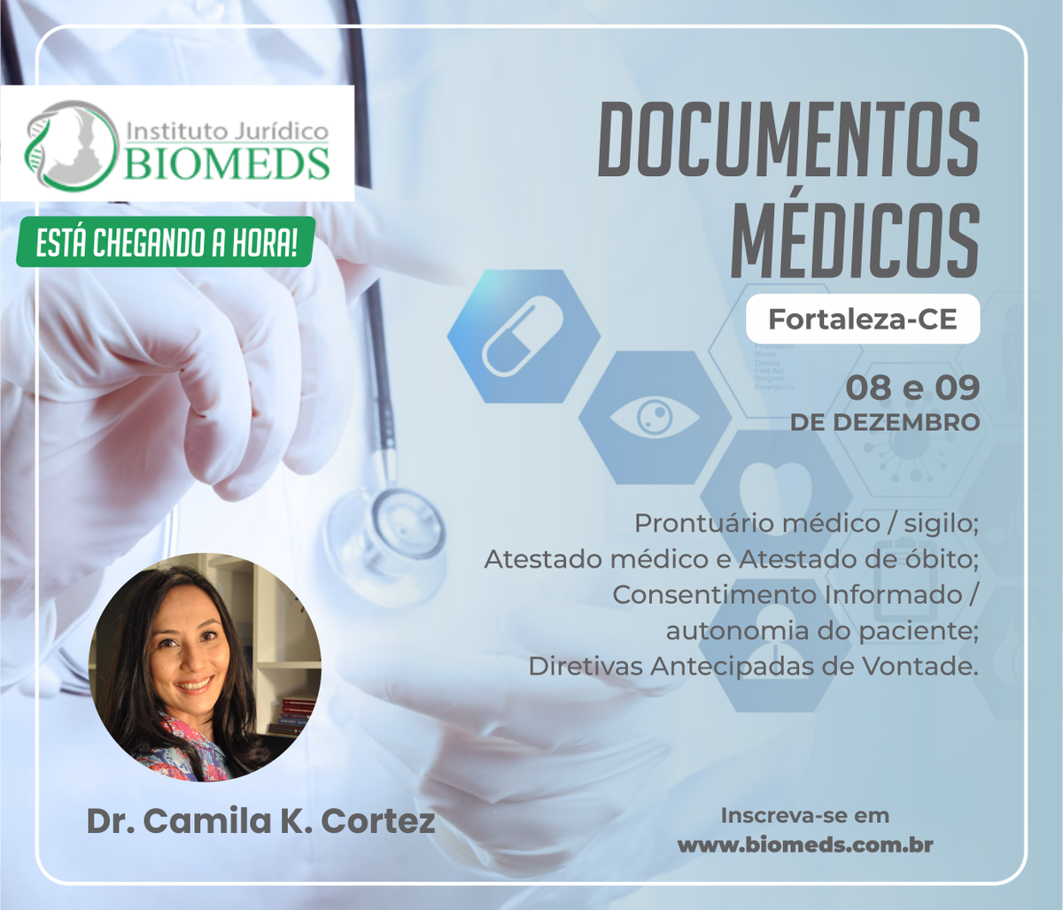 iBiomeds's tweet image. Nos dias 08 e 09/12, o curso #DocumentosMédicos desembarca em Fortaleza-CE, para 2 dias de imersão no que você precisa saber para atuar com segurança jurídica na área médica, com a advogada do CREMESP, Dra. Camila Cortez bit.ly/2BBkEAM