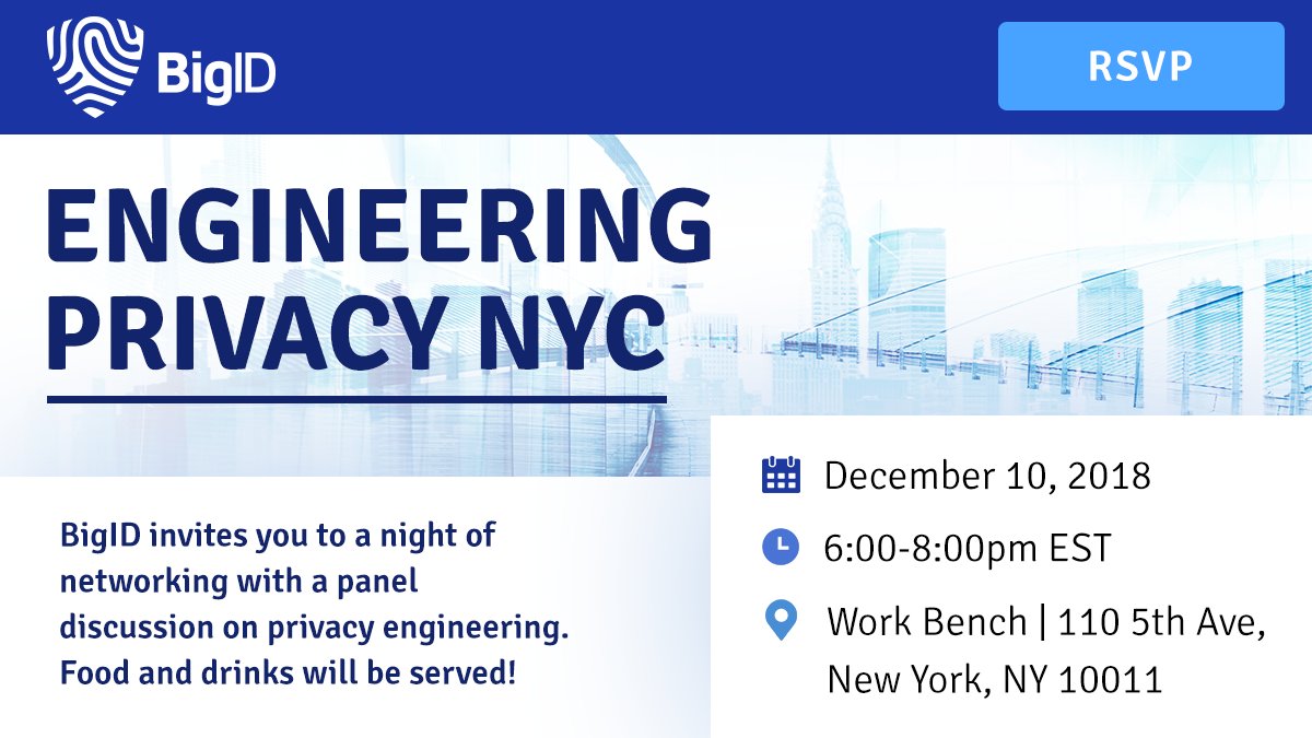 bigidsecure's tweet photo. Join BigID as we kick off our #EngineeringPrivacy Meetups in NYC. For our 1st event, we're co-hosting a Privacy Engineer Panel with @NYInfoSecurity on December 10th. Join us! https://t.co/fhDRIN5tAj… @bigidsecure @Privacy_Eng #PrivacyEngineering #privacyengineer #privacy https://t.co/Jt7ZIBP62S