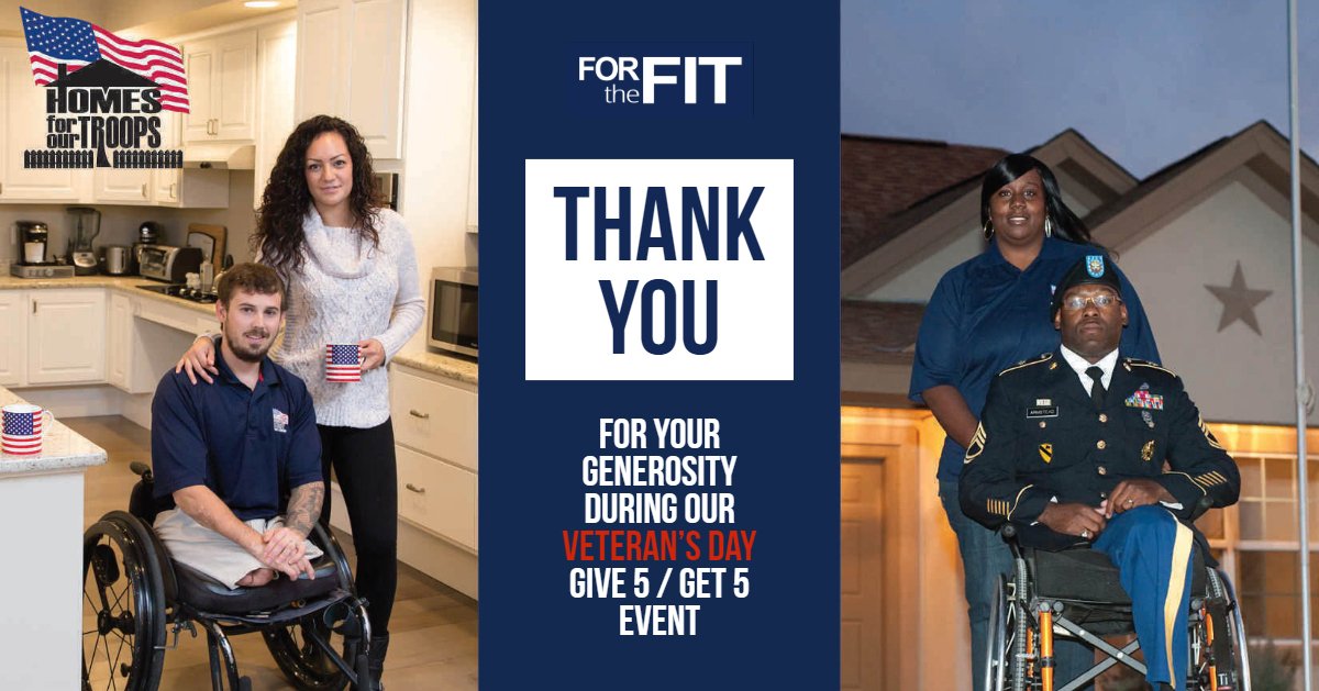 ForTheFit's tweet photo. Your generosity during Veteran's Day weekend during our Give 5/Get 5 event, as well as gift matching by FORtheFIT, has resulted in a generous donation to Homes for our Troops. Thank you!

Missed the event? Make a direct donation today on #GivingTuesday
https://t.co/10IowJ8w9l https://t.co/PTO2DcXr6w