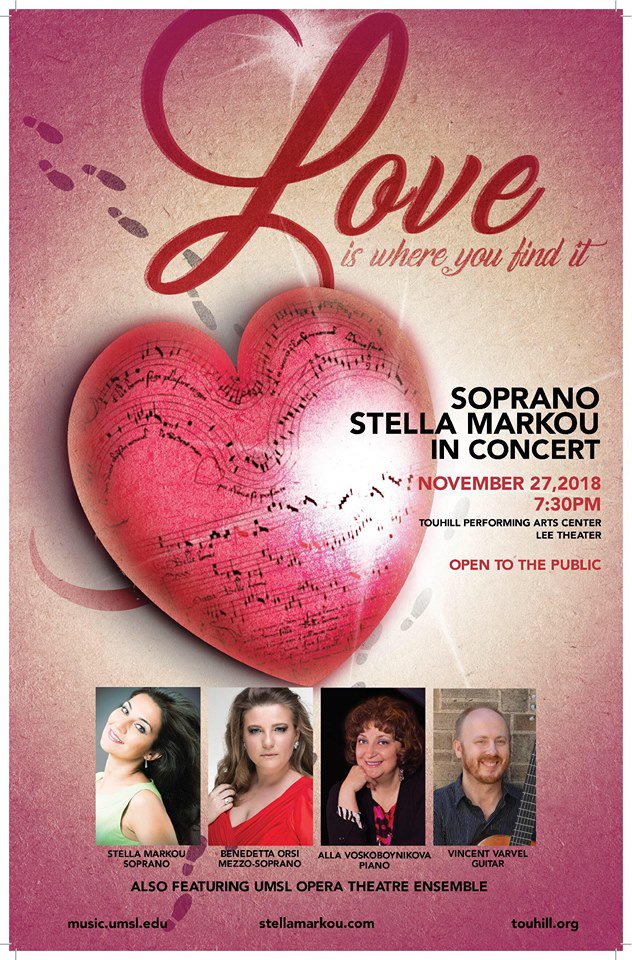 UMSLOpera's tweet image. Tonight! Love Is Where You Find It! Join Soprano and Director Stella Markou and others on this chilly evening in the toasty warm @TouhillPAC for an assortment of classical pieces! FREE! touhill.org/events/detail/… #goseeaplay #STL #opera #theatre