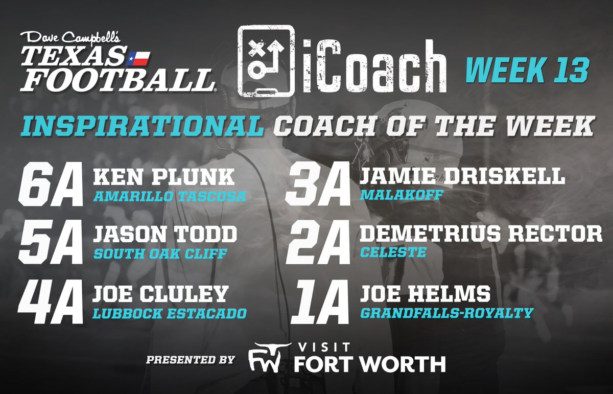 Congratulations to our Week 13 <a href="/icoachapp/">iCoach #LetThemPlay</a> Coach of the Week Winners! Presented by <a href="/VisitFortWorth/">Fort Worth</a> #txhsfb #txhsfbplayoffs