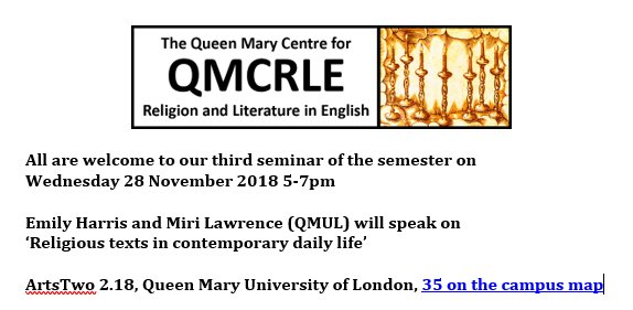 QMCRLE's tweet photo. This is tomorrow evening! Come hear @EmilyBronwynH and Miri Lawrence speak about their fascinating research on domestic religion in London. https://t.co/HeaXpwZDti