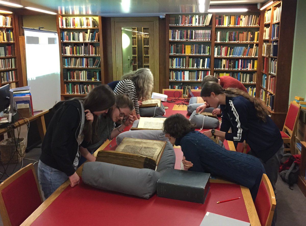 ParkerLibCCCC's tweet photo. A v welcome visit today from a typically enthusiastic & engaged group of @Department_ASNC students for a terrific session on #handling #manuscripts & an intro to #HistoryoftheBook!
#AngloSaxon #OldEnglish #OldWelsh #teaching #Palaeography #Codicology #DigitalManuscripts #Parker2 https://t.co/W2mbTC6lco
